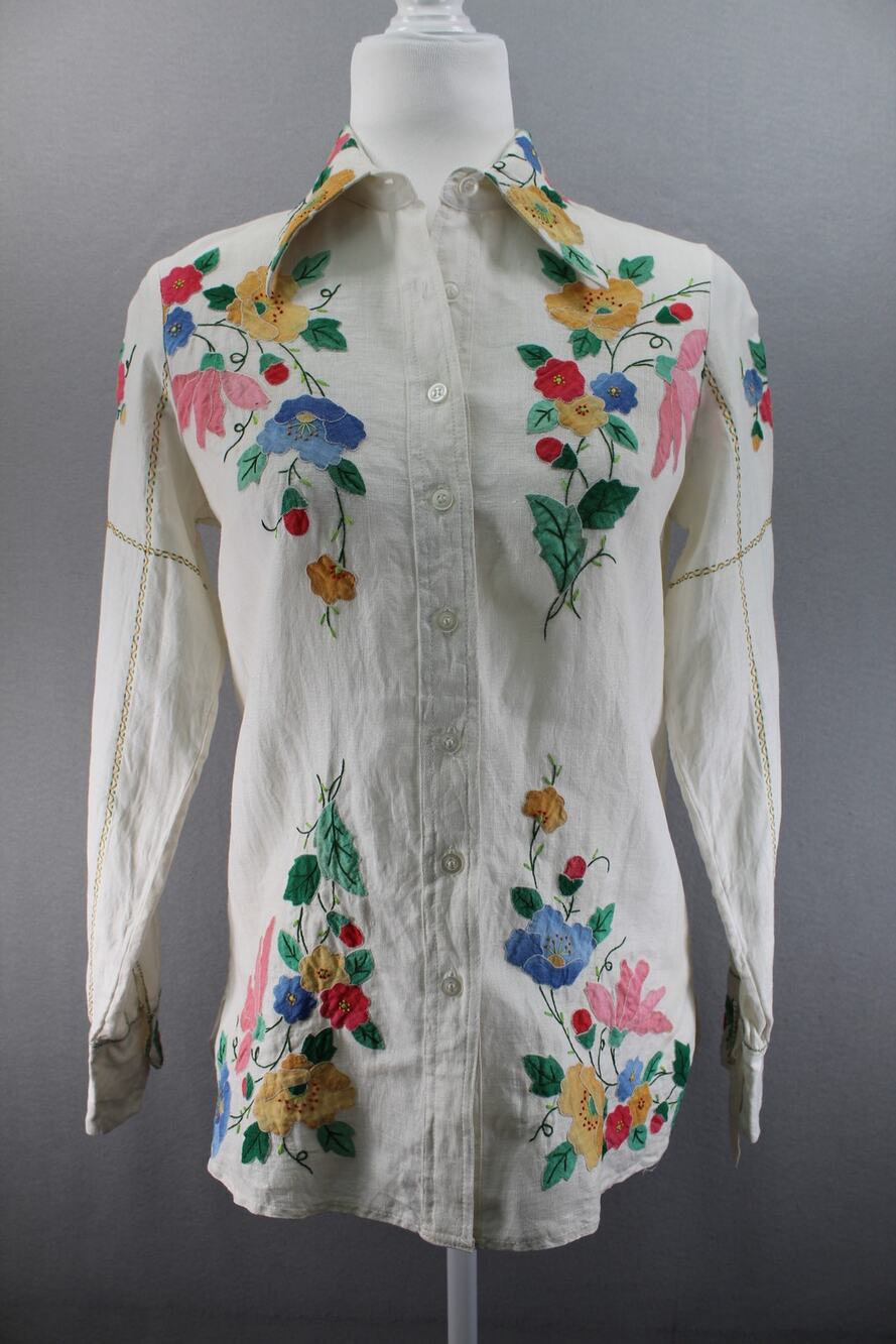 Vintage King James Hand Embroidered Linen Shirt Women's Needle Point Button Up